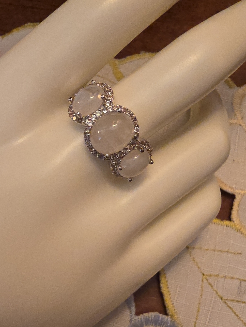 JTV Sterling Silver Ring Rainbow Moonstone White Zircon Size 10